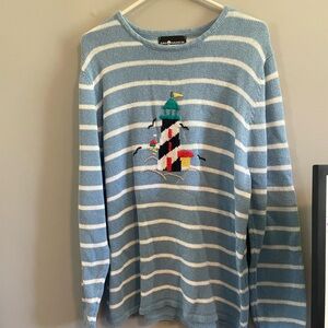 Sag Harbor Light Blue and White Striped Sweater with Lighthouse Design